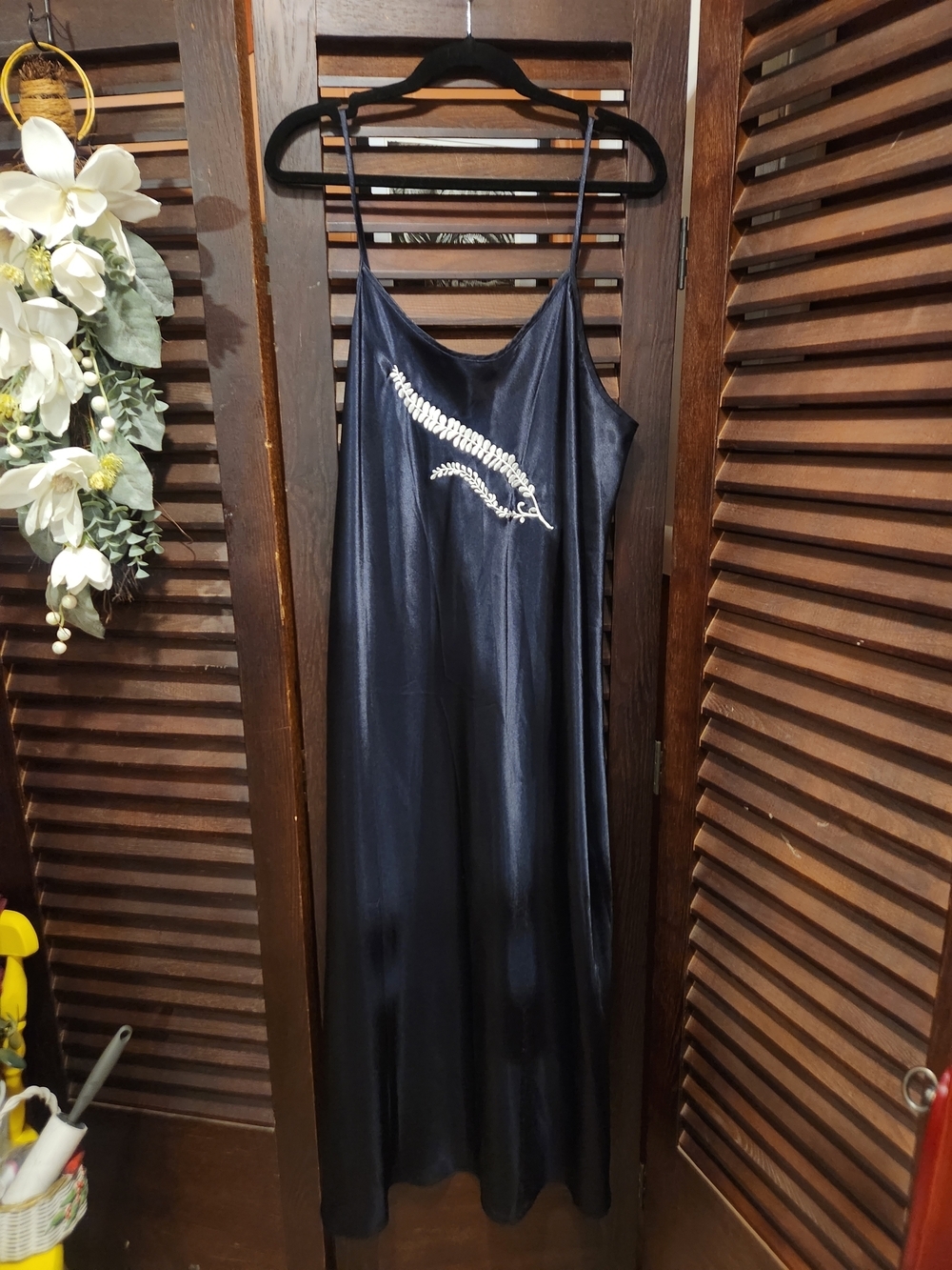 Satin Navy Maxi Slip Dress with Embellished Detail